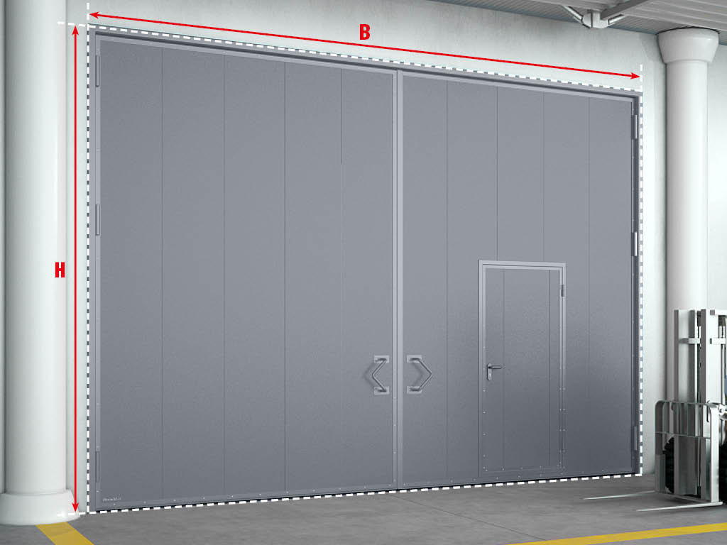 Распашные гаражные ворота с калиткой. <br> Размер калитки в свету 900 × 2 050 мм. По техническому заданию заказчика изготавливаются различные конструкции с применением дополнительной комплектации. Могут разрабатываться нестандартные решения силами собственного конструкторского бюро.